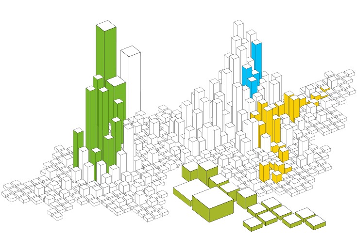 meteoviva alle Gebaeude klimafreundlich Grafik unterschiedlich große Bürogebäude. meteoviva macht jedes Gebäude klimafreundlicher.