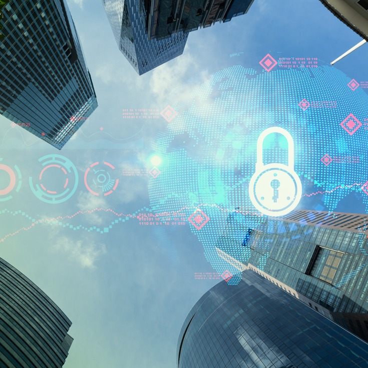 Gebäudedassaden mit Grafik Datenschutz. In puncto Datensicherheit und Datenschutz setzt meteoviva neue Standards.